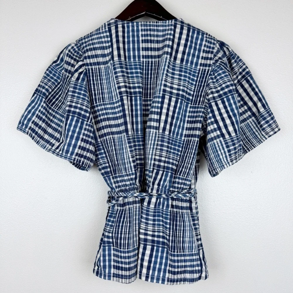 J. Crew Puff Short Sleeve Wrap Top Indigo Patchwork Blue Size XS